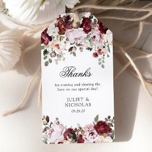 Elegante Bourgogne & Blush Bloemen Huwelijksgunst Cadeaulabel