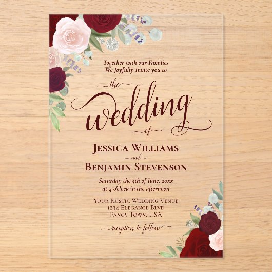 Elegante Bourgogne & Blush Boho Rozen Fancy bruilo Acryl Uitnodigingen (Voorkant)