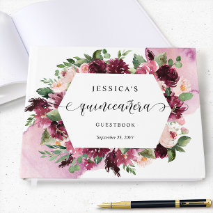 Elegante Bourgogne, Blush, Roze Bloemen Quinceañer Gastenboek
