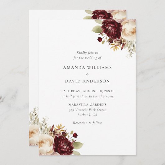 Elegante Bourgogne Cream Bloemen Bruiloft Kaart (Voorkant / Achterkant)