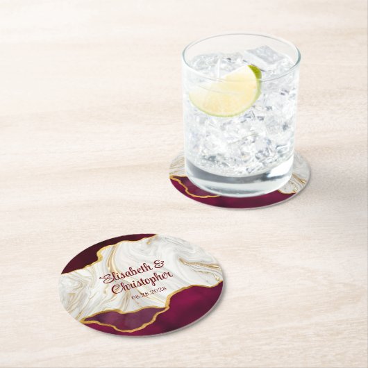 Elegante Bourgogne en Gold Agaat bruiloft Ronde Kartonnen Onderzetter (Insitu)