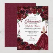 Elégante Bourgogne Floral Quinceanera Invitation (Devant / Derrière)