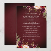 Elégante Bourgogne Floral Quinceanera Invitation (Devant / Derrière)