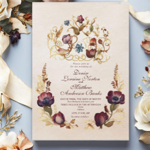 Elegante Bourgogne Gouden Bloemen Huwelijksuitnodi Kaart