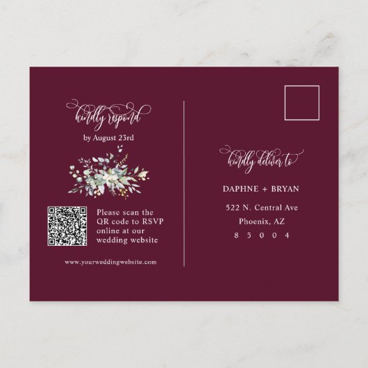Elegante Bourgogne Green Leaves QR Code Adres RSVP Briefkaart (Achterkant)