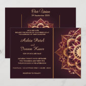 Elegante Bourgogne Mandala bruiloft uitnodiging (Voorkant / Achterkant)