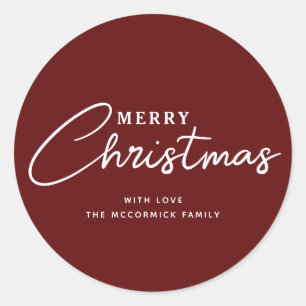 Elegante Bourgogne Merry Christmas Script Naam Ronde Sticker