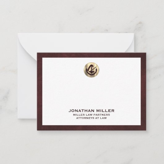 Elegante Bourgogne Notecard met Gold Logo Law Firm Notitiekaartje (Voorkant)