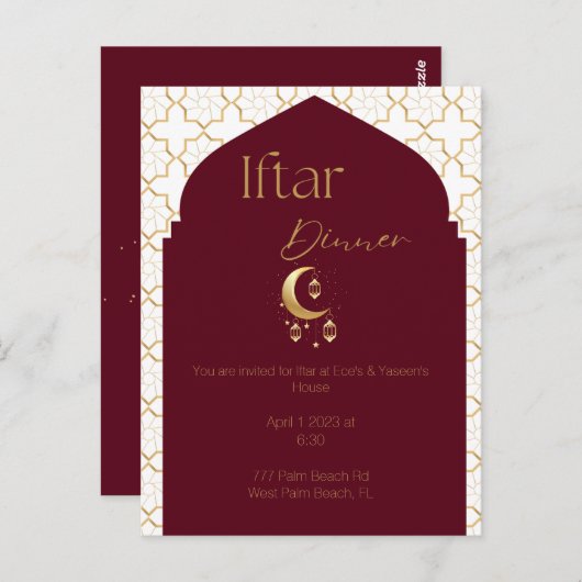 Elégante Bourgogne & Or Ramadan Iftar Invitation (Devant / Derrière)