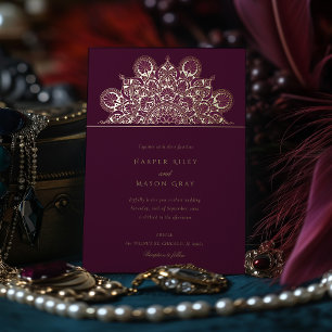 Elegante Bourgogne Pruim Gouden Folie Mandala Brui Uitnodiging