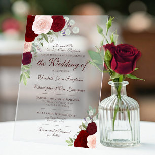 Elegante Bourgogne Red & Blush Rozen officiële bru Acryl Uitnodigingen