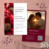 Elegante Bourgogne Rode Bloemen Foto QR Code Huwel Kaart