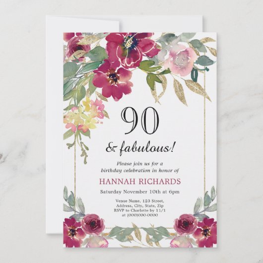 Elegante Bourgogne Roze Gouden Bloem 90ste Verjaar Kaart (Voorkant)