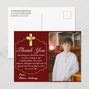 Elegante Bourgondië Gouden Kruis Confirmatie Foto Briefkaart