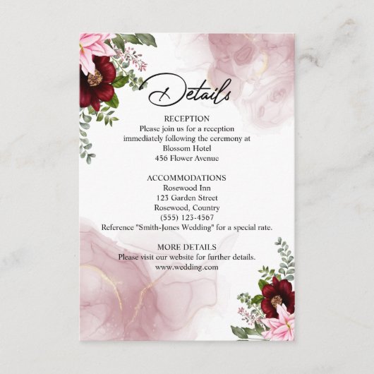 Elegante Bourgondische bloem bruiloft Informatiekaartje (Voorkant)