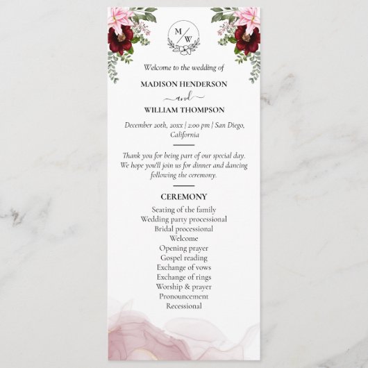 Elegante Bourgondische bloem bruiloft Programma (Voorkant)