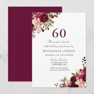 Elegante Bourgondische Bloemen 60e Verjaardagsuitn Kaart