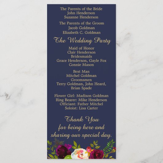 Elegante Bourgondische Bloemen Marine Blauw Goud B Programma (Achterkant)