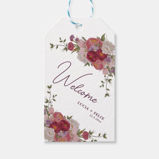 Elegante Bourgondische bloemenbruiloft welkom Cadeaulabel (Voorkant)
