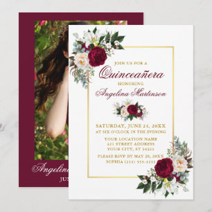 Elegante Bourgondische bloemengroen Quinceanera Fo Kaart