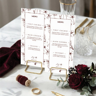 Elegante Bourgondische Bloemlijn Kunst Bruiloft Menu