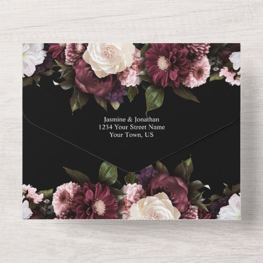 Elegante Bourgondische en roze bloemenbruiloft All In One Uitnodiging (Achterkant)