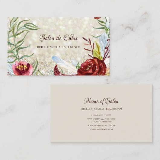 Elegante Bourgondische Floral Gold Glitter Beauty Visitekaartje (Voorkant / Achterkant)