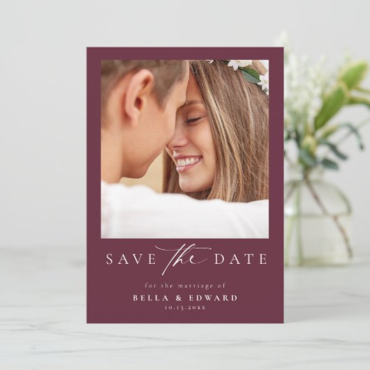 Elegante Bourgondische foto bruiloft Save the Date (Staand voorkant)