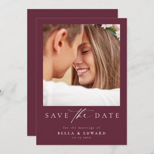 Elegante Bourgondische foto bruiloft Save the Date (Voorkant / Achterkant)