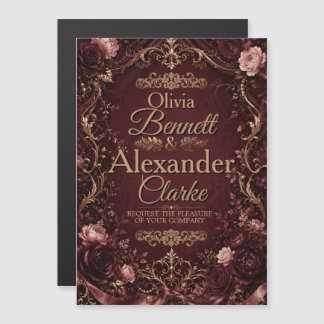 Elegante Bourgondische Gouden Bloemige Trouwdag Magnetische Uitnodiging