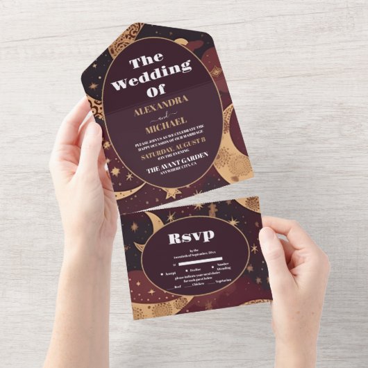 Elegante Bourgondische gouden hemelse bruiloft All In One Uitnodiging (Afscheurbaar)