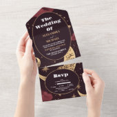 Elegante Bourgondische gouden hemelse bruiloft All In One Uitnodiging (Afscheurbaar)