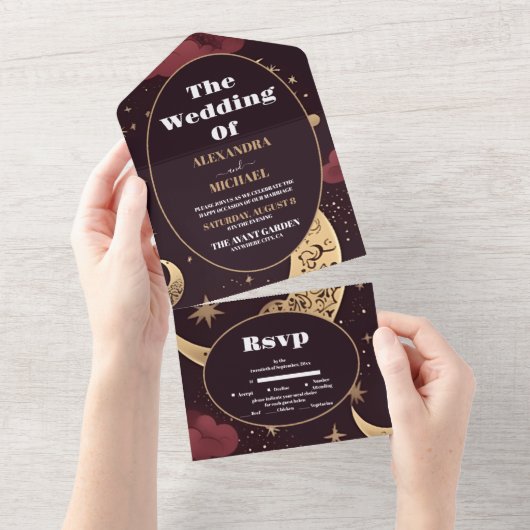 Elegante Bourgondische gouden hemelse bruiloft All In One Uitnodiging (Afscheurbaar)