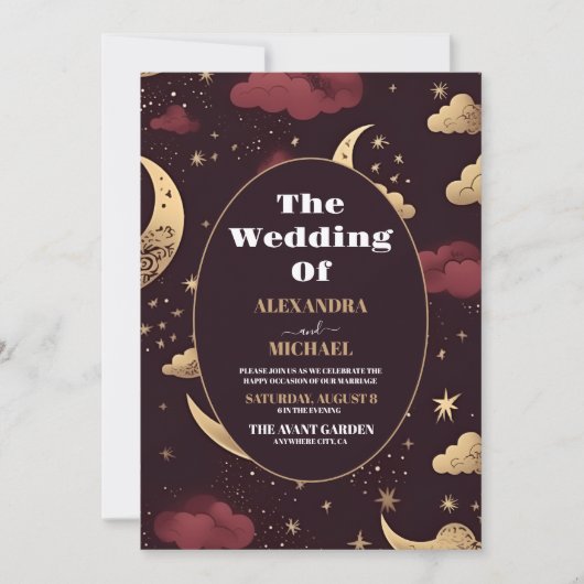 Elegante Bourgondische gouden hemelse bruiloft Kaart (Voorkant)