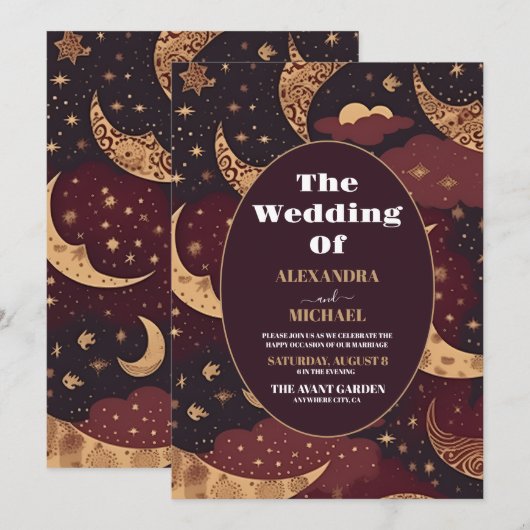 Elegante Bourgondische gouden hemelse bruiloft Kaart (Voorkant / Achterkant)