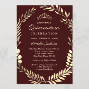 Elegante Bourgondische Gouden Krans Quinceanera Kaart