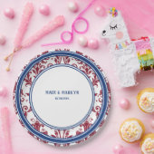 Elegante Bourgondische Navy Bloemen Damask Trouwdi Papieren Bordje (Feest)