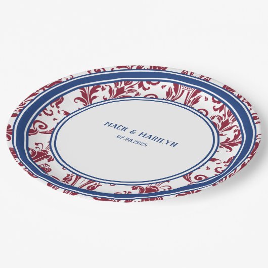 Elegante Bourgondische Navy Bloemen Damask Trouwdi Papieren Bordje (Gekanteld)