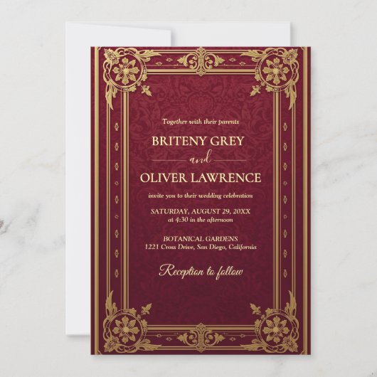 Elegante Bourgondische rode en gouden bruiloft Kaart (Voorkant)