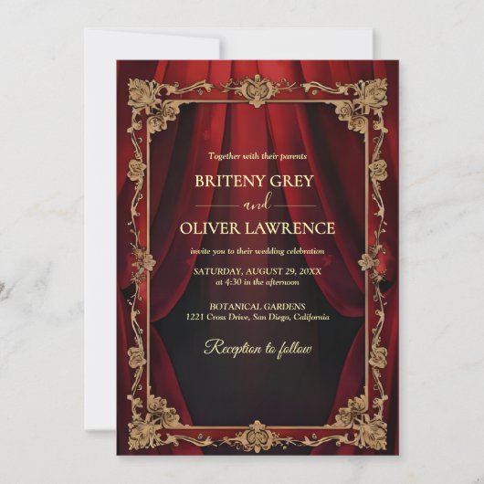 Elegante Bourgondische rode en gouden bruiloft Kaart (Voorkant)