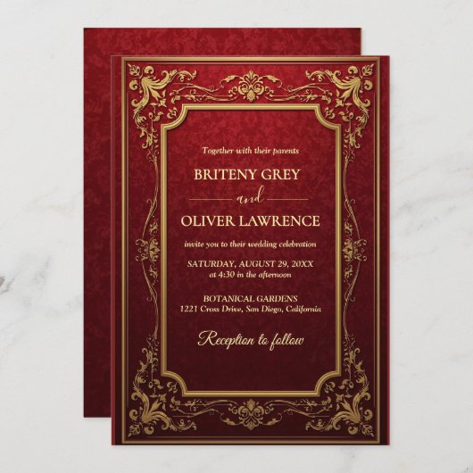 Elegante Bourgondische rode en gouden bruiloft Kaart (Voorkant / Achterkant)