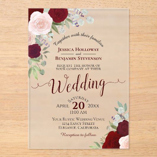 Elegante Bourgondische rode en roze rozen Boho bru Acryl Uitnodigingen (Voorkant)