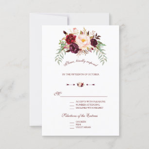Elegante Bourgondische Rode Marsala Bloemen Huweli RSVP Kaartje