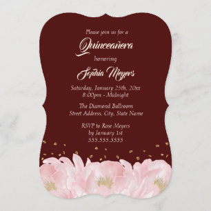 Elegante Bourgondische roze gouden pioen Quinceane Kaart