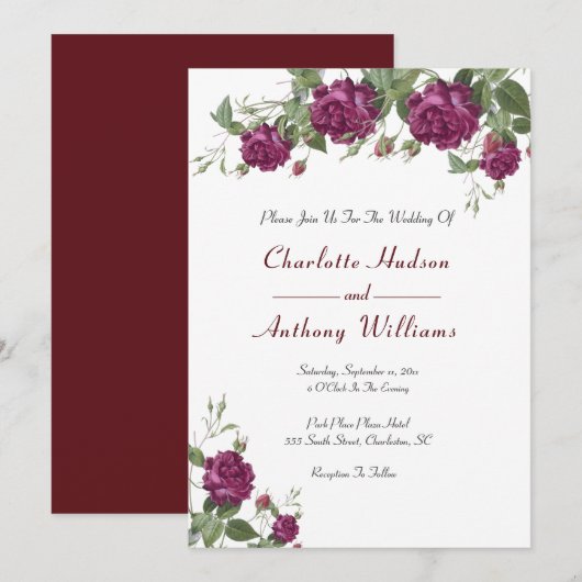 Elegante Bourgondische Rozen bruiloft Kaart (Voorkant / Achterkant)