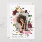 Elegante Bourgondische Waterverf Floral Afstuderen Kaart (Voorkant)