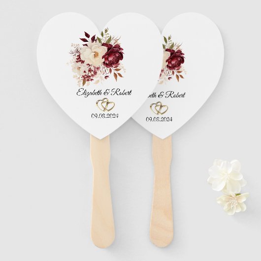 Elegante Bourgondische witte bloemen Handwaaier (Voorkant en achterkant)