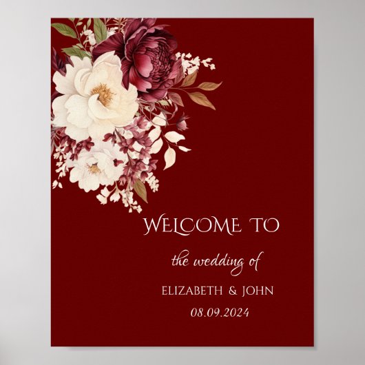 Elegante Bourgondische witte bloemen Poster (Voorkant)