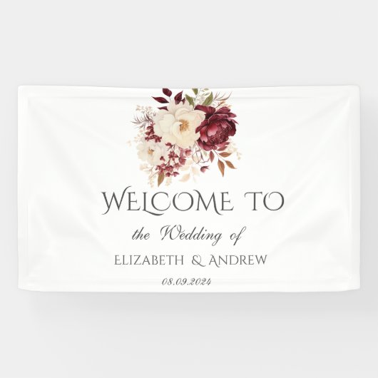 Elegante Bourgondische witte bloemen Spandoek (Horizontaal)