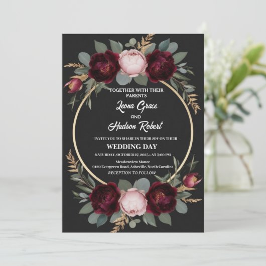 Elegante Bourgondische, zwarte en gouden bloemenbr Kaart (Staand voorkant)